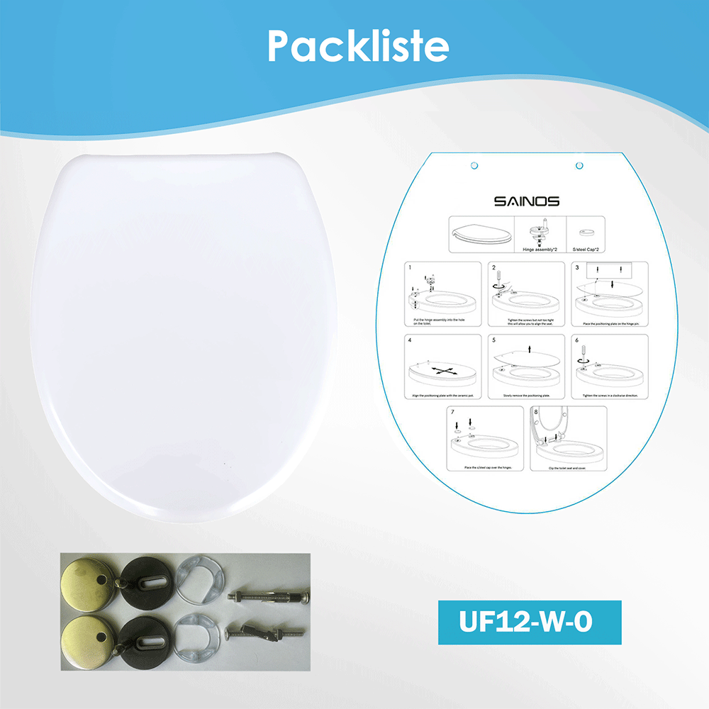 SAINOS O-förmiger Premium-Duroplast Toilettensitz Toilettendeckel, WC Sitz mit Absenkautomatik, Quick-Release Funktion für einfach Reinigung, O Form Weiß Toilettensitz mit Verstellbaren Scharnieren（UF12-W-O）