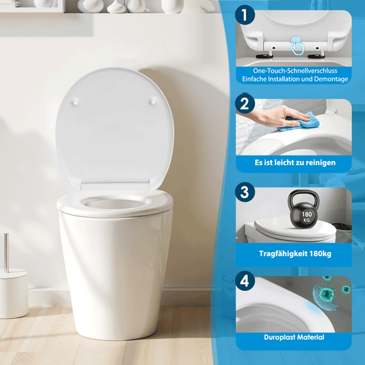 SAINOS O-förmiger Premium-Duroplast Toilettensitz Toilettendeckel, WC Sitz mit Absenkautomatik, Quick-Release Funktion für einfach Reinigung, O Form Weiß Toilettensitz mit Verstellbaren Scharnieren（UF12-W-O）