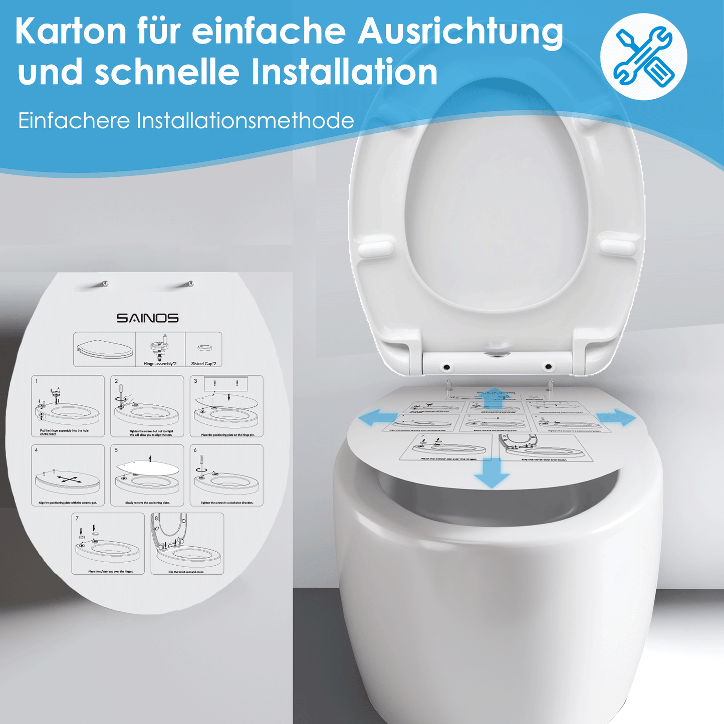 SAINOS O-förmiger Premium-Duroplast Toilettensitz Toilettendeckel, WC Sitz mit Absenkautomatik, Quick-Release Funktion für einfach Reinigung, O Form Weiß Toilettensitz mit Verstellbaren Scharnieren（UF12-W-O）