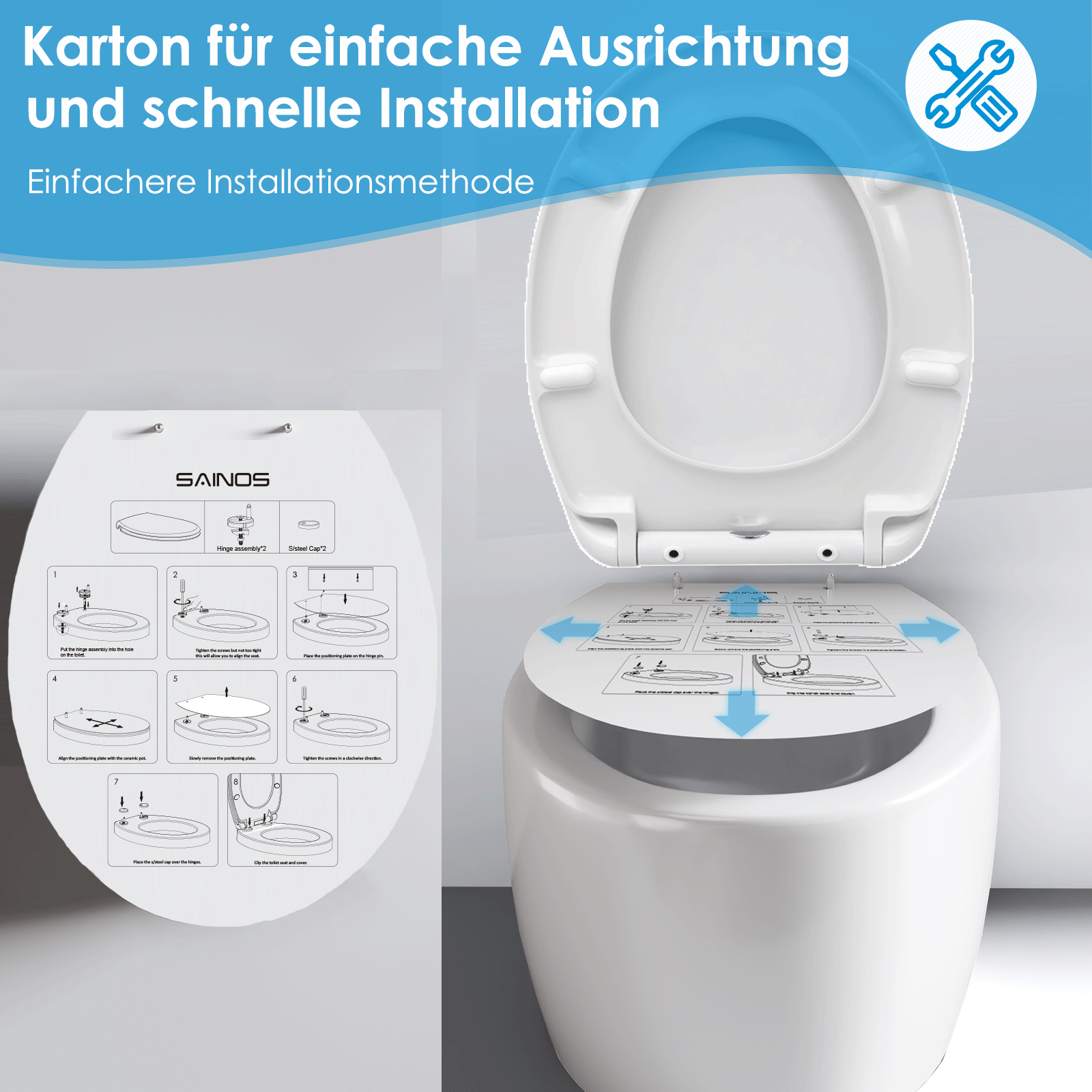 SAINOS O-förmiger Premium-Duroplast Toilettensitz Toilettendeckel, WC Sitz mit Absenkautomatik, Quick-Release Funktion für einfach Reinigung, O Form Weiß Toilettensitz mit Verstellbaren Scharnieren（UF12-W-O）