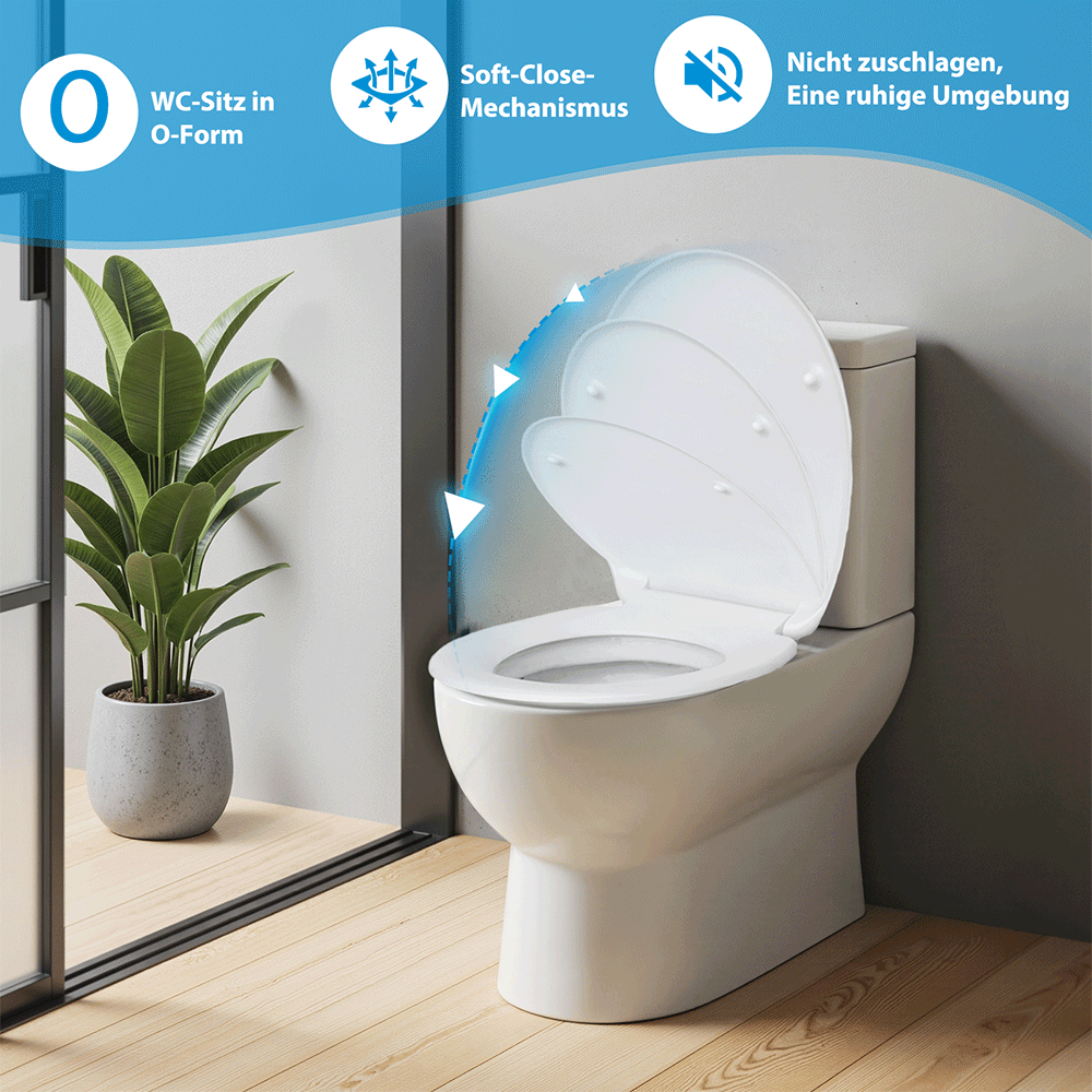 SAINOS O-förmiger Premium-Duroplast Toilettensitz Toilettendeckel, WC Sitz mit Absenkautomatik, Quick-Release Funktion für einfach Reinigung, O Form Weiß Toilettensitz mit Verstellbaren Scharnieren（UF12-W-O）