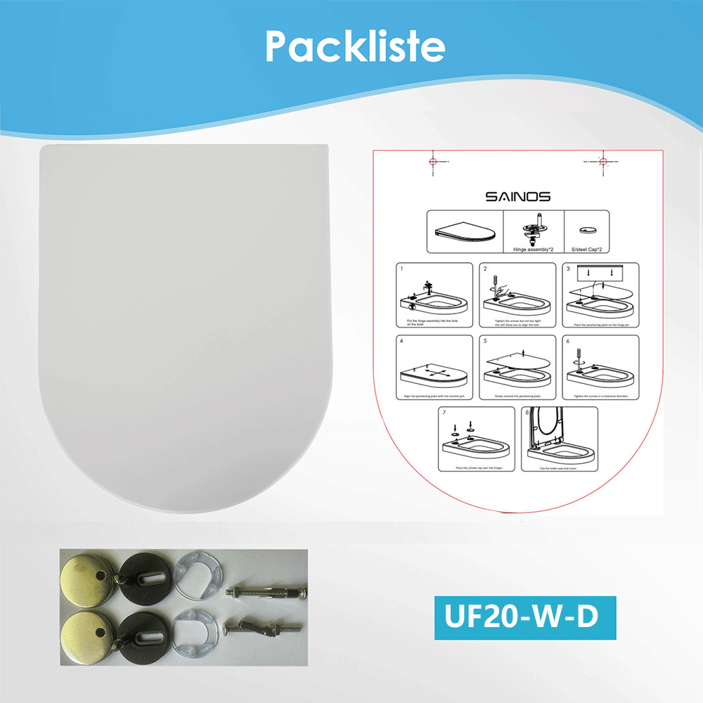 SAINOS D-förmiger Premium-Duroplast Toilettensitz Toilettendeckel, WC Sitz mit Absenkautomatik, Quick-Release Funktion für einfach Reinigung, O Form Weiß Toilettensitz mit Verstellbaren Scharnieren（UF20-W-D）