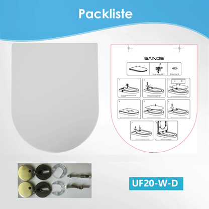 SAINOS D-förmiger Premium-Duroplast Toilettensitz Toilettendeckel, WC Sitz mit Absenkautomatik, Quick-Release Funktion für einfach Reinigung, O Form Weiß Toilettensitz mit Verstellbaren Scharnieren（UF20-W-D）
