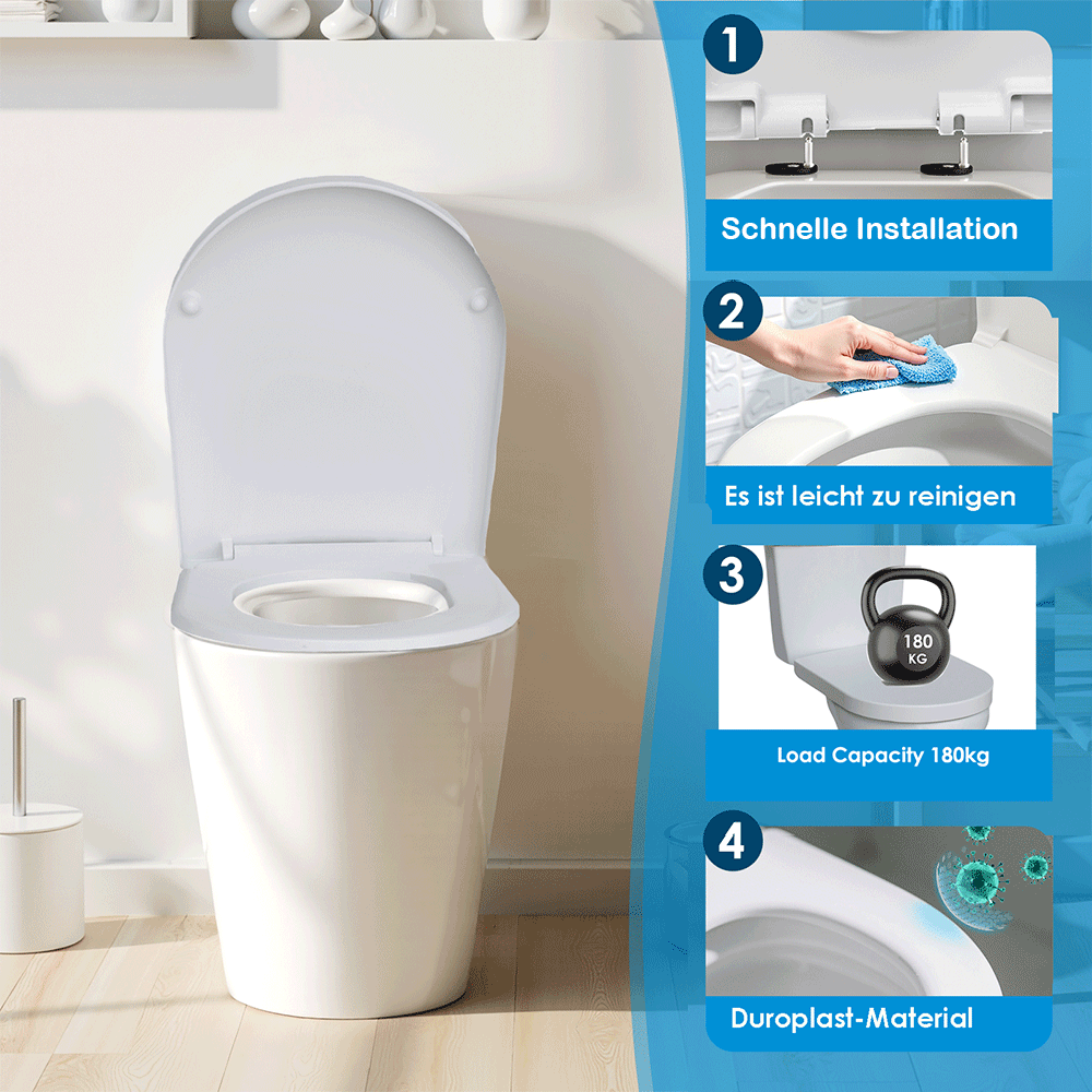 SAINOS D-förmiger Premium-Duroplast Toilettensitz Toilettendeckel, WC Sitz mit Absenkautomatik, Quick-Release Funktion für einfach Reinigung, O Form Weiß Toilettensitz mit Verstellbaren Scharnieren（UF20-W-D）