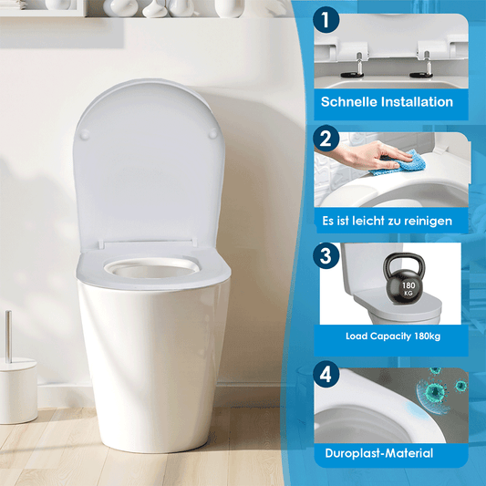 SAINOS D-förmiger Premium-Duroplast Toilettensitz Toilettendeckel, WC Sitz mit Absenkautomatik, Quick-Release Funktion für einfach Reinigung, O Form Weiß Toilettensitz mit Verstellbaren Scharnieren（UF20-W-D）