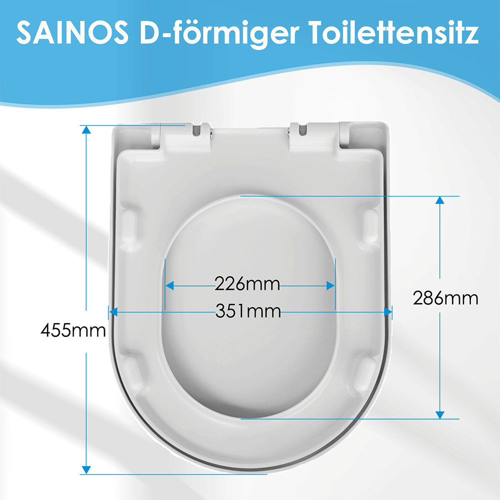 SAINOS D-förmiger Premium-Duroplast Toilettensitz Toilettendeckel, WC Sitz mit Absenkautomatik, Quick-Release Funktion für einfach Reinigung, O Form Weiß Toilettensitz mit Verstellbaren Scharnieren（UF20-W-D）
