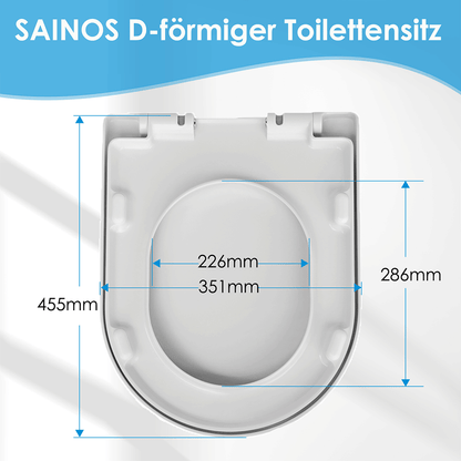 SAINOS D-förmiger Premium-Duroplast Toilettensitz Toilettendeckel, WC Sitz mit Absenkautomatik, Quick-Release Funktion für einfach Reinigung, O Form Weiß Toilettensitz mit Verstellbaren Scharnieren（UF20-W-D）