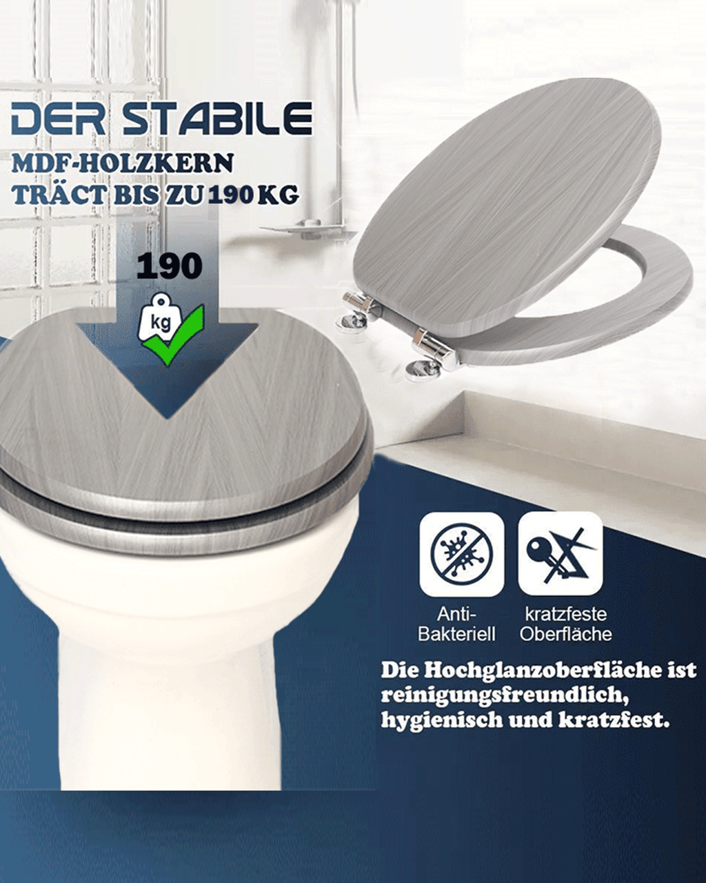 SINOBATH (W088) langsam schließender Toilettensitz, Eine spezielle PVC-beschichtete Folie reduziert Bakterien(Holz)