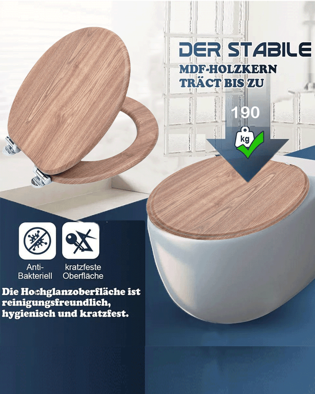 SINOBATH (W101) mit Absenkautomatik, Softclose-Scharnier,MDF-Holzkern, WC-Sitz Toilettensitz （Holz）