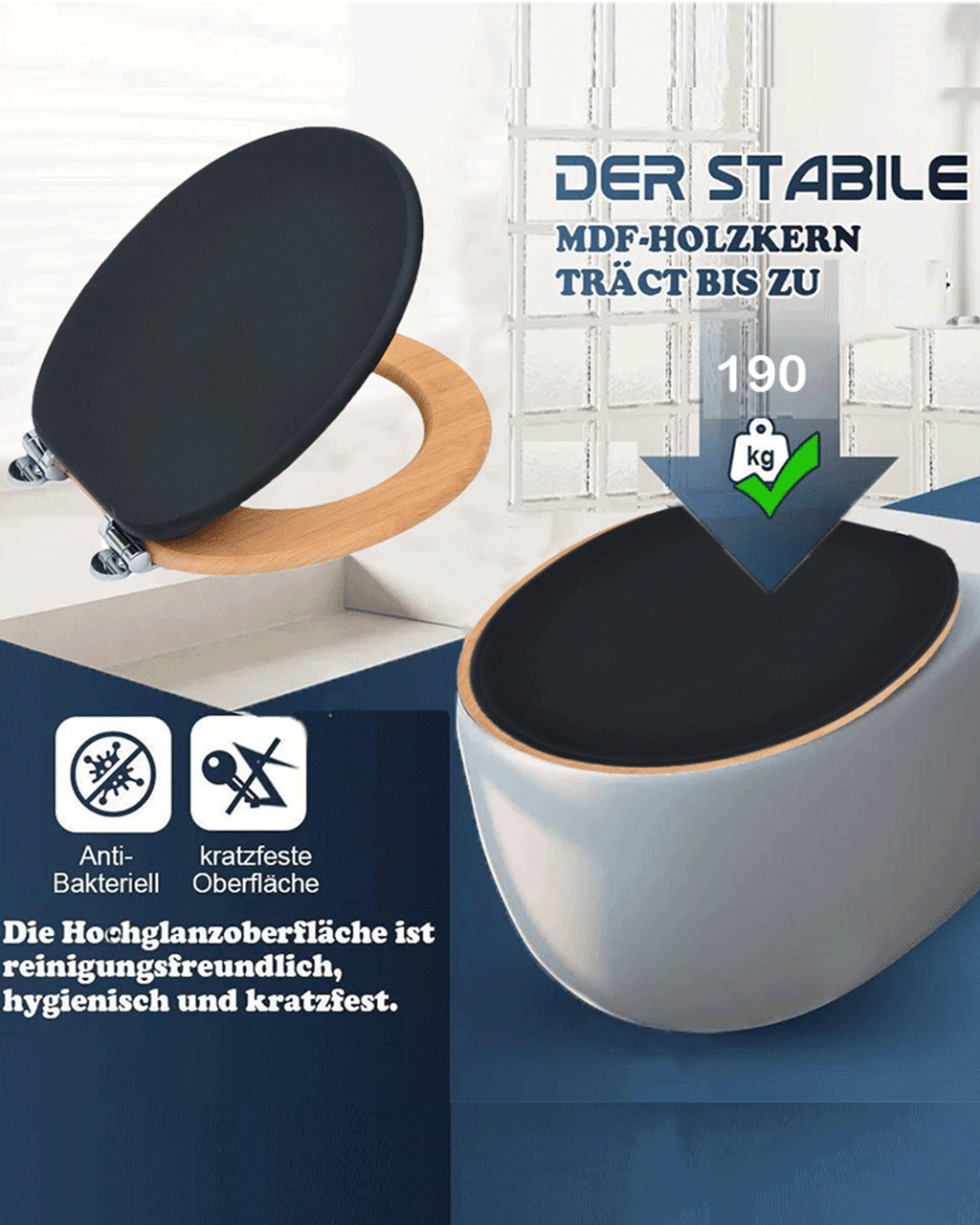 SINOBATH (W103) mit Absenkautomatik, Softclose-Scharnier,MDF-Holzkern, WC-Sitz Toilettensitz （schwarz+gold）