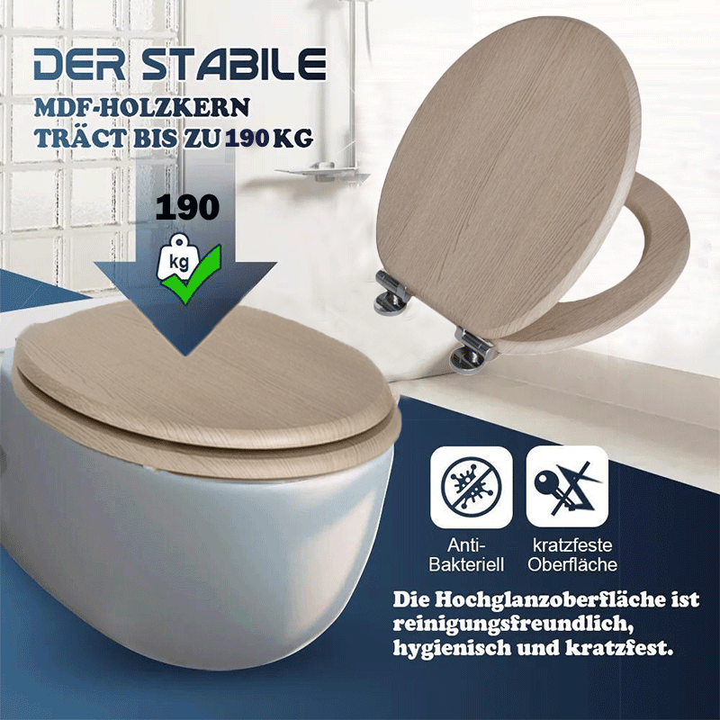 SINOBATH MDF-Holzkern, WC-Sitz Toilettensitz mit Absenkautomatik, Softclose-Scharnier（W104)