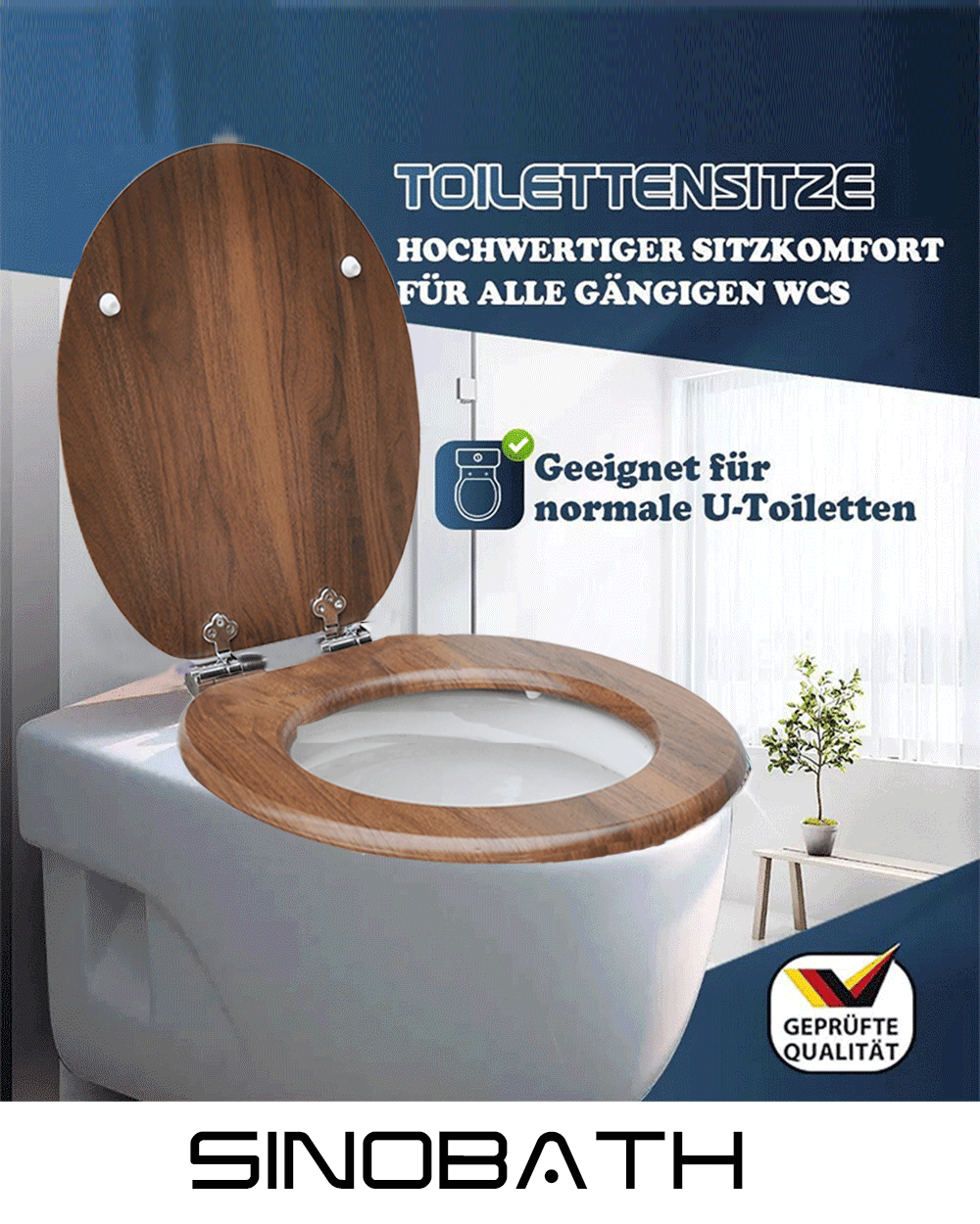 SINOBATH (W107) mit Absenkautomatik, Softclose-Scharnier,MDF-Holzkern, WC-Sitz Toilettensitz （Wood）