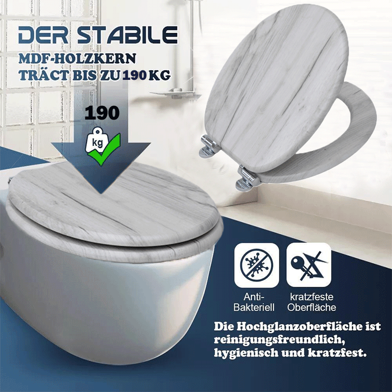 SINOBATH MDF-Holzkern, WC-Sitz Toilettensitz mit Absenkautomatik, Softclose-Scharnier（W109）