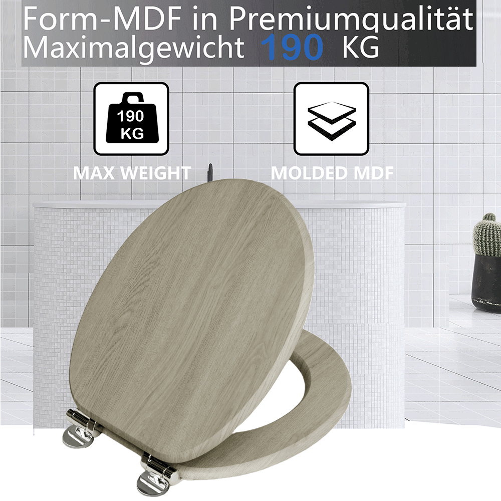 SINOBATH MDF-Holzkern, WC-Sitz Toilettensitz mit Absenkautomatik, Softclose-Scharnier（W111）
