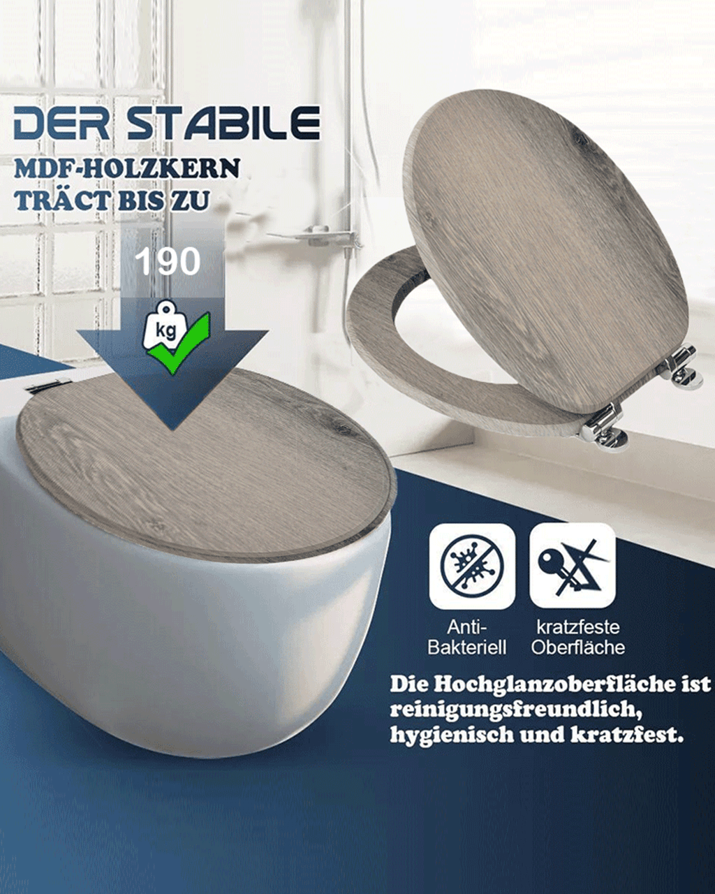 SINOBATH (W87)MDF-Holzkern, WC-Sitz Toilettensitz mit Absenkautomatik, Softclose-Scharnier（Hölzern）