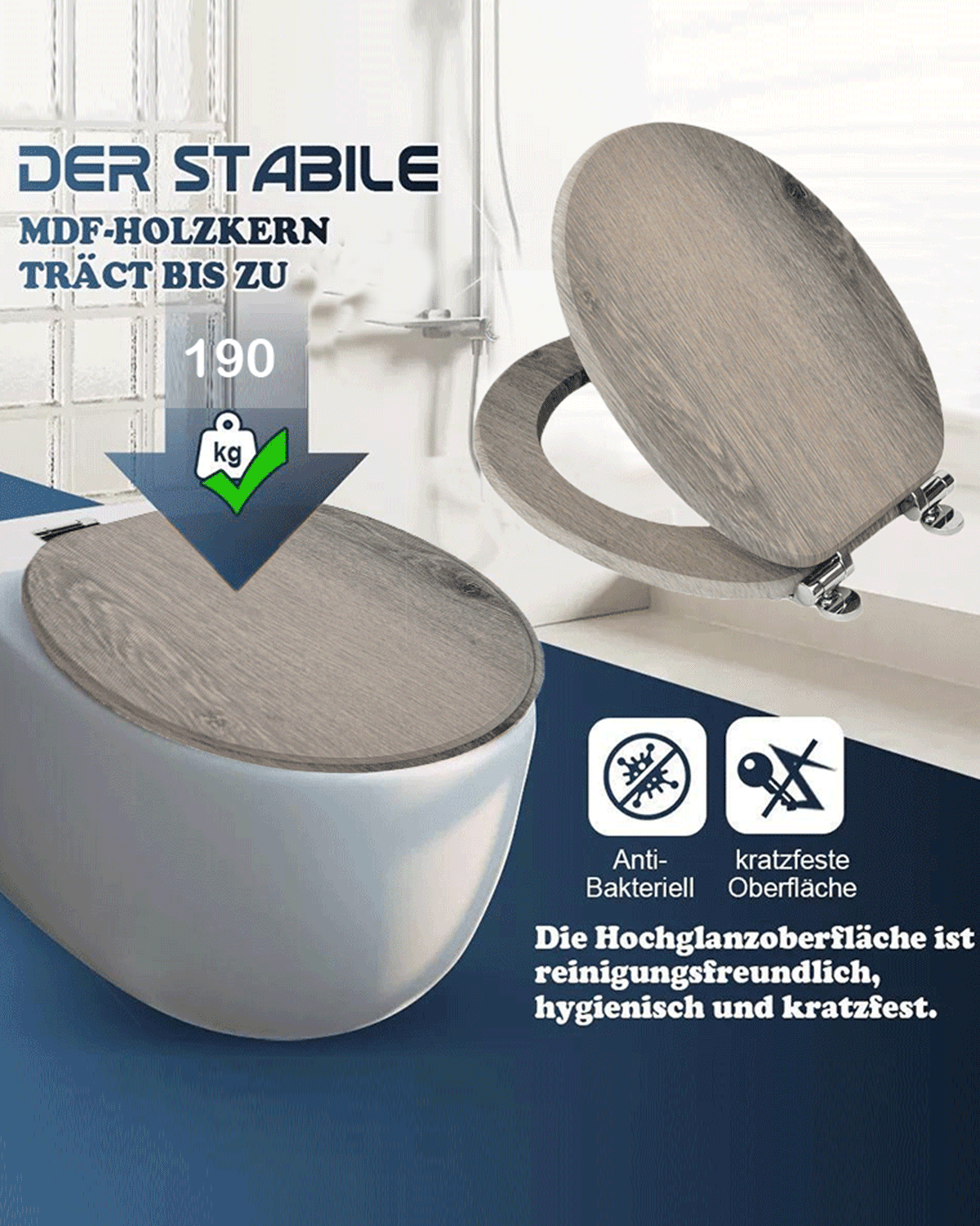 SINOBATH (W87)MDF-Holzkern, WC-Sitz Toilettensitz mit Absenkautomatik, Softclose-Scharnier（Hölzern）