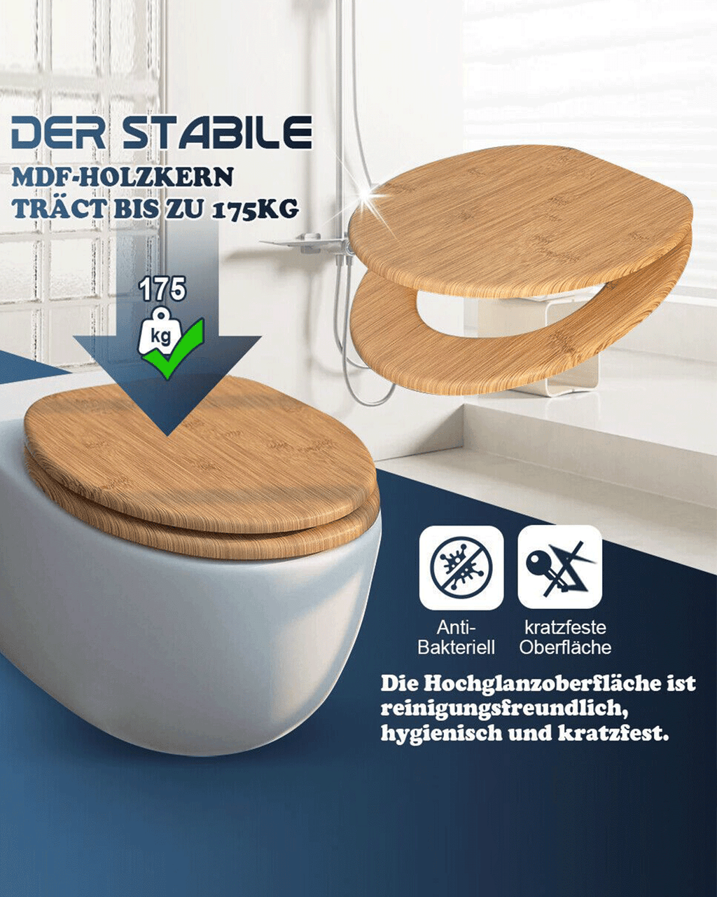 SINOBATH (Z01) Toilettensitz mit Absenkautomatik, Softclose-Scharnier（Bambusholzmaserung）