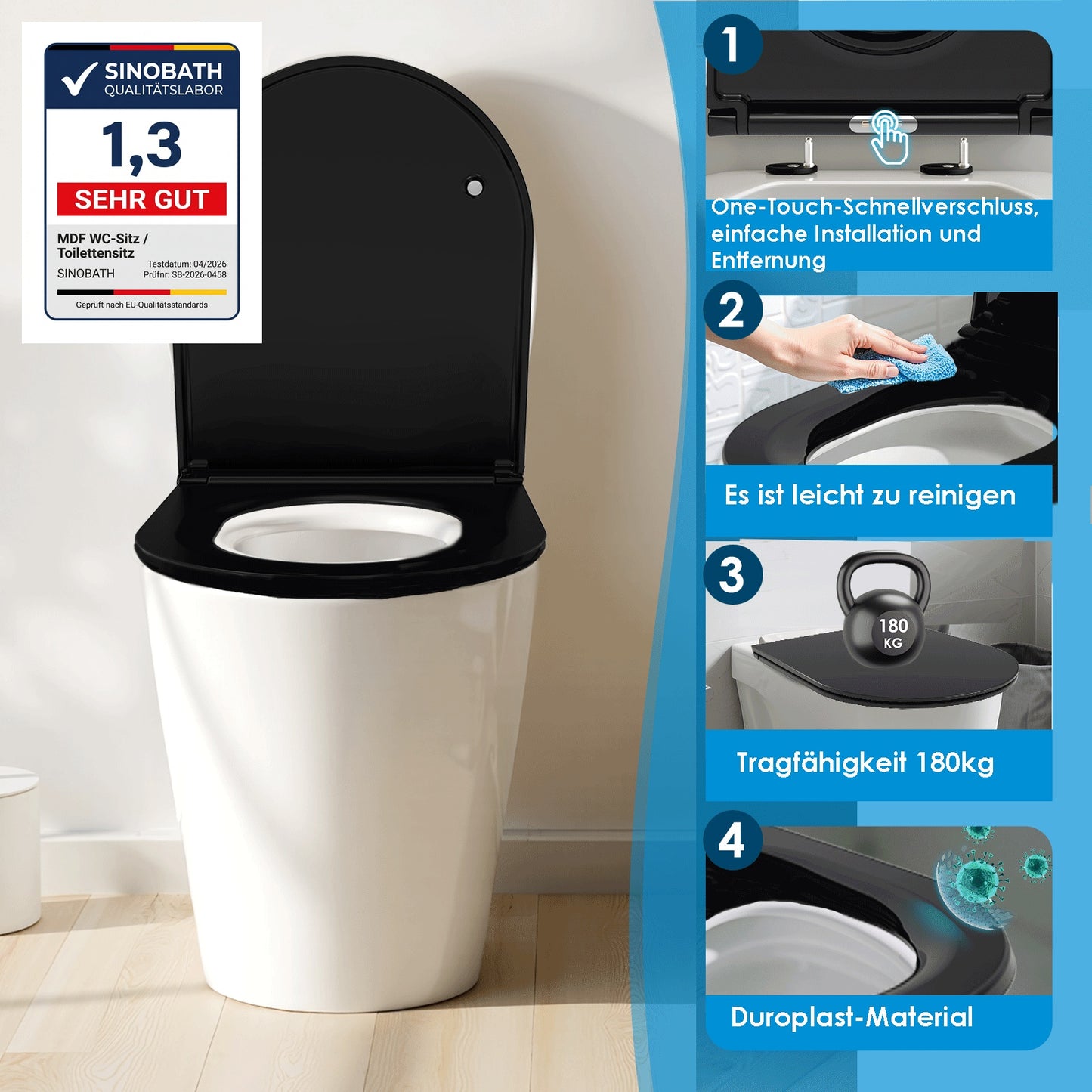 SINOBATH Premium WC-Sitz Duroplast Schwarz Edelstahl-Scharnier — SU046-B