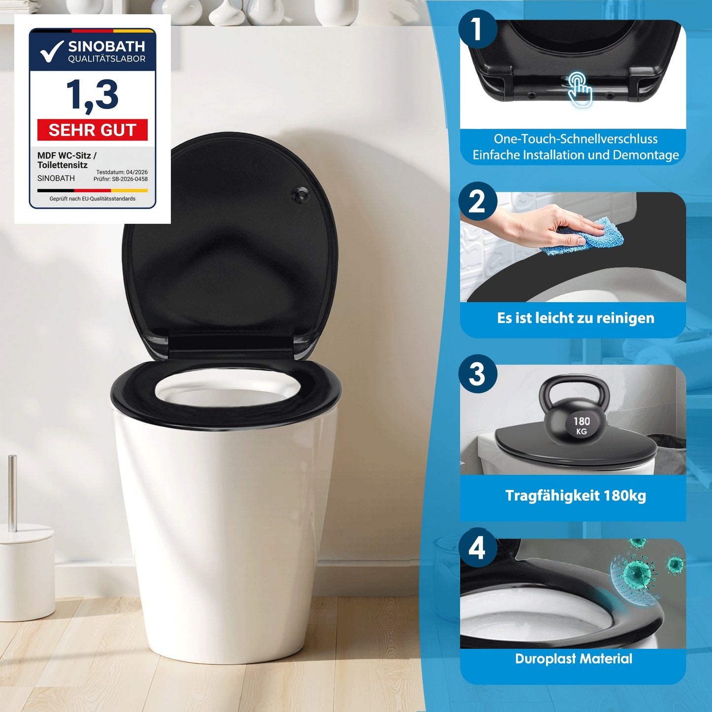 SINOBATH O-Form Premium-Duroplast WC-Sitz mit Absenkautomatik Softclose Toilettensitz Weiß — Antibakteriell, Universal