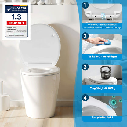 SINOBATH O-Form Premium-Duroplast WC-Sitz mit Absenkautomatik Softclose Toilettensitz Weiß — Antibakteriell, Universal