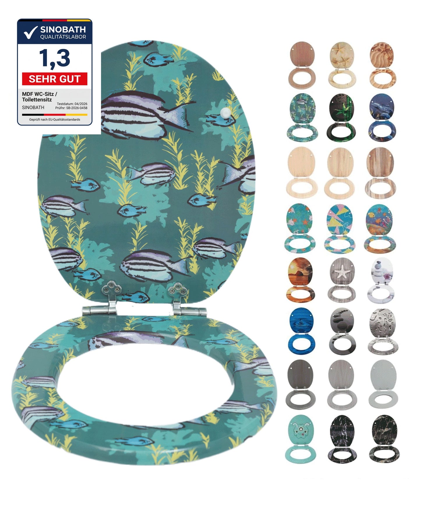 SINOBATH (H260) WC-Sitz Toilettensitz,MDF-Holzkern, Softclose-Scharnier （Seetang, Meeresfische）