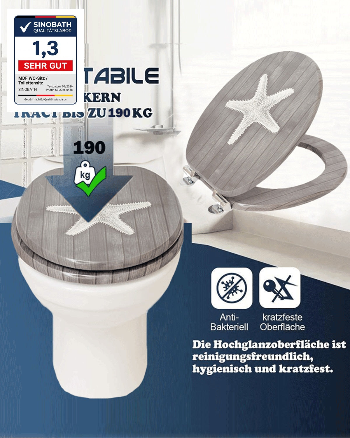 SINOBATH(H130) WC-Sitz Toilettensitz mit Absenkautomatik, Softclose-Scharnier(Seestern, natürliche Holzfarbe)