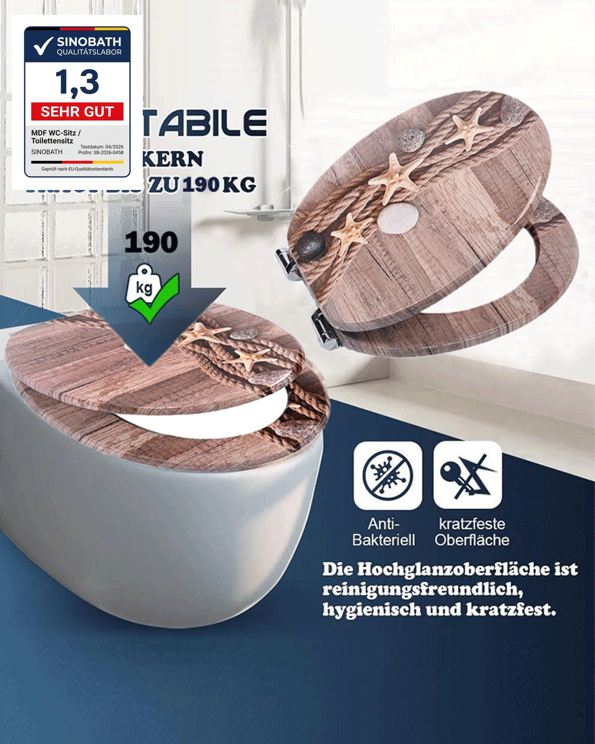 SINOBATH H024 Universal Premium WC-Sitz mit Absenkautomatik Softclose Toilettensitz Holz-Optik — Antibakteriell, Universal