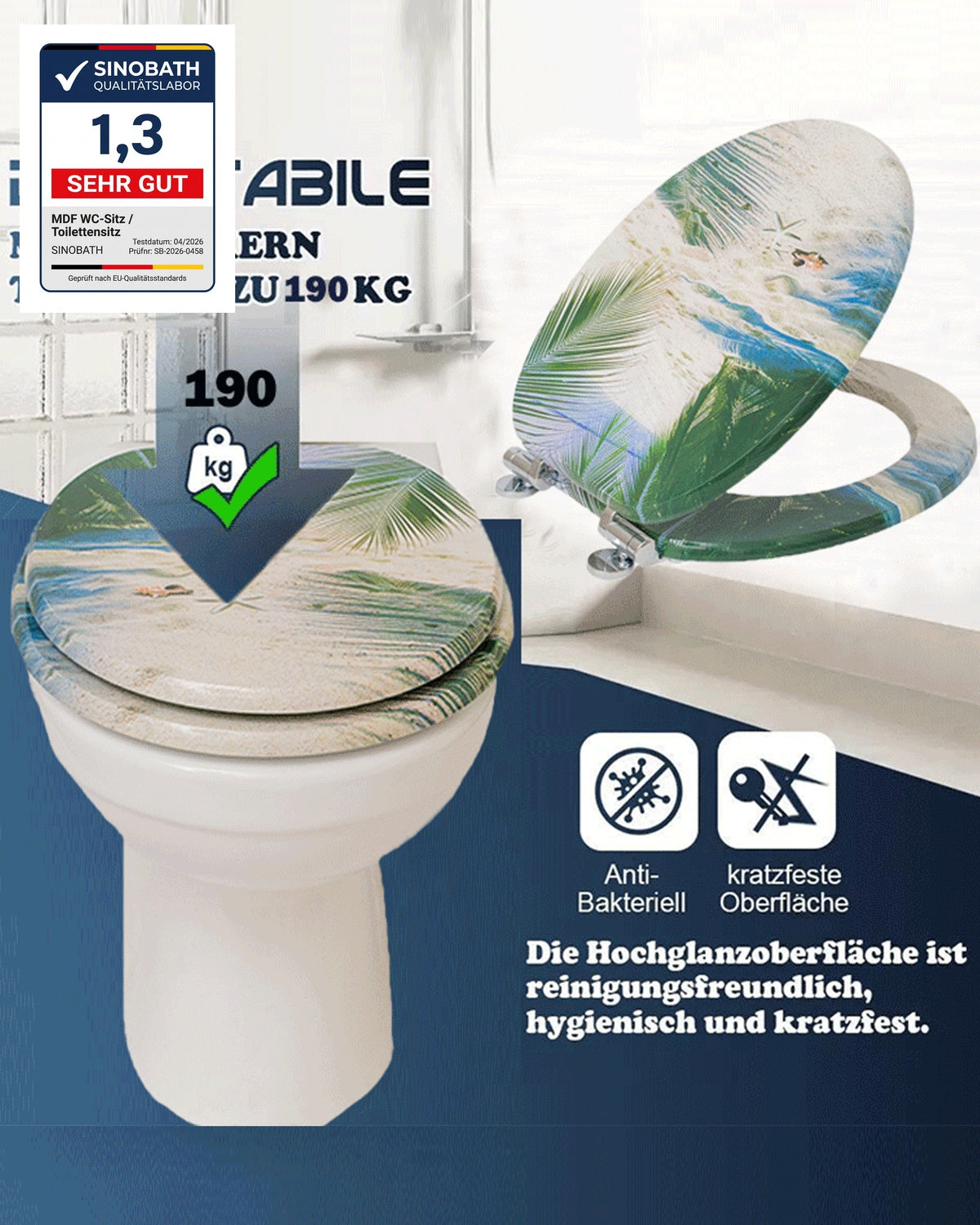 SINOBATH (H120) WC-Sitz Toilettensitz mit Absenkautomatik, MDF-Holzkern(Strand, Muscheln)
