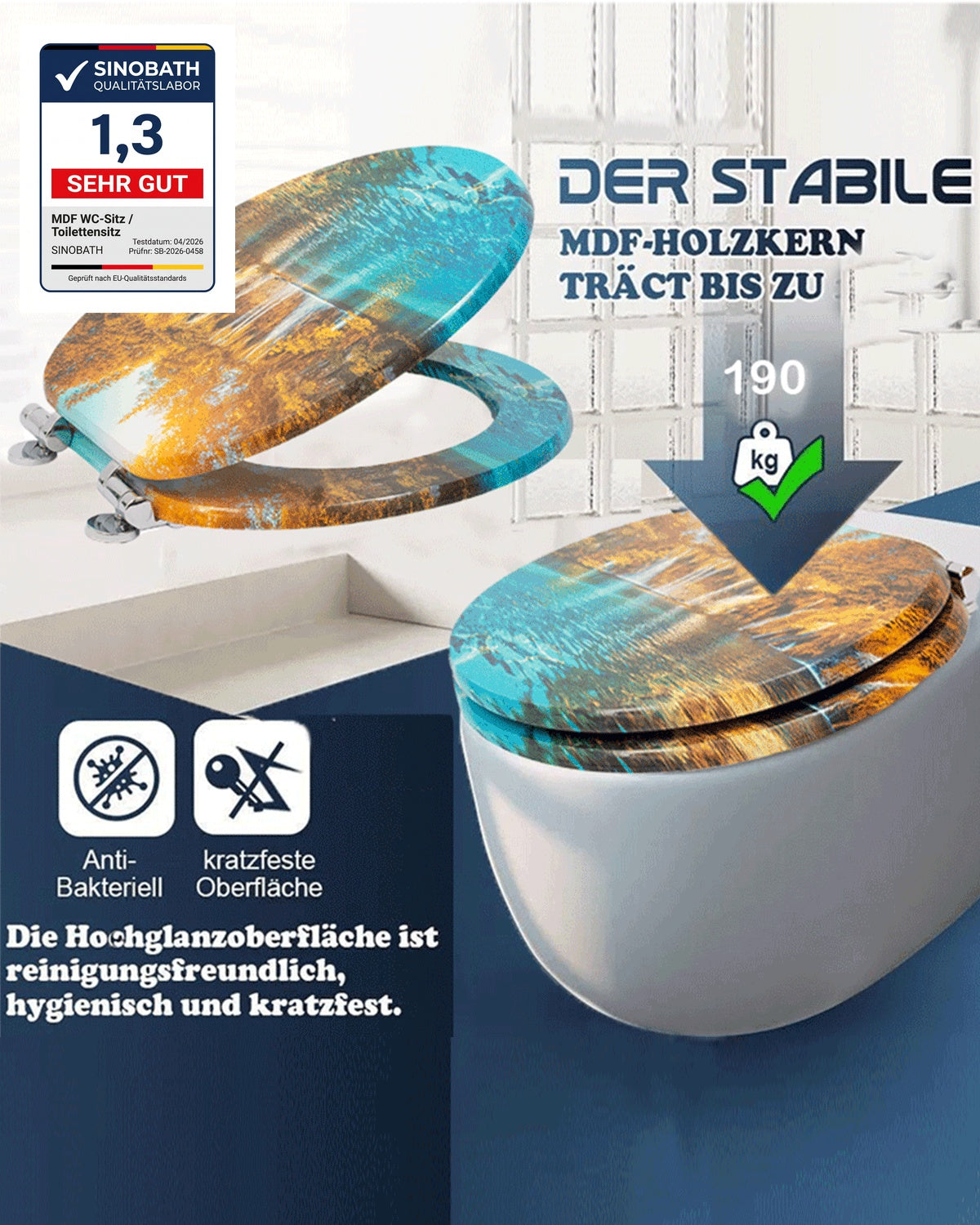 SINOBATH (H175)MDF-Holzkern, WC-Sitz Toilettensitz mit Absenkautomatik, Softclose-Scharnier（Landschaft）