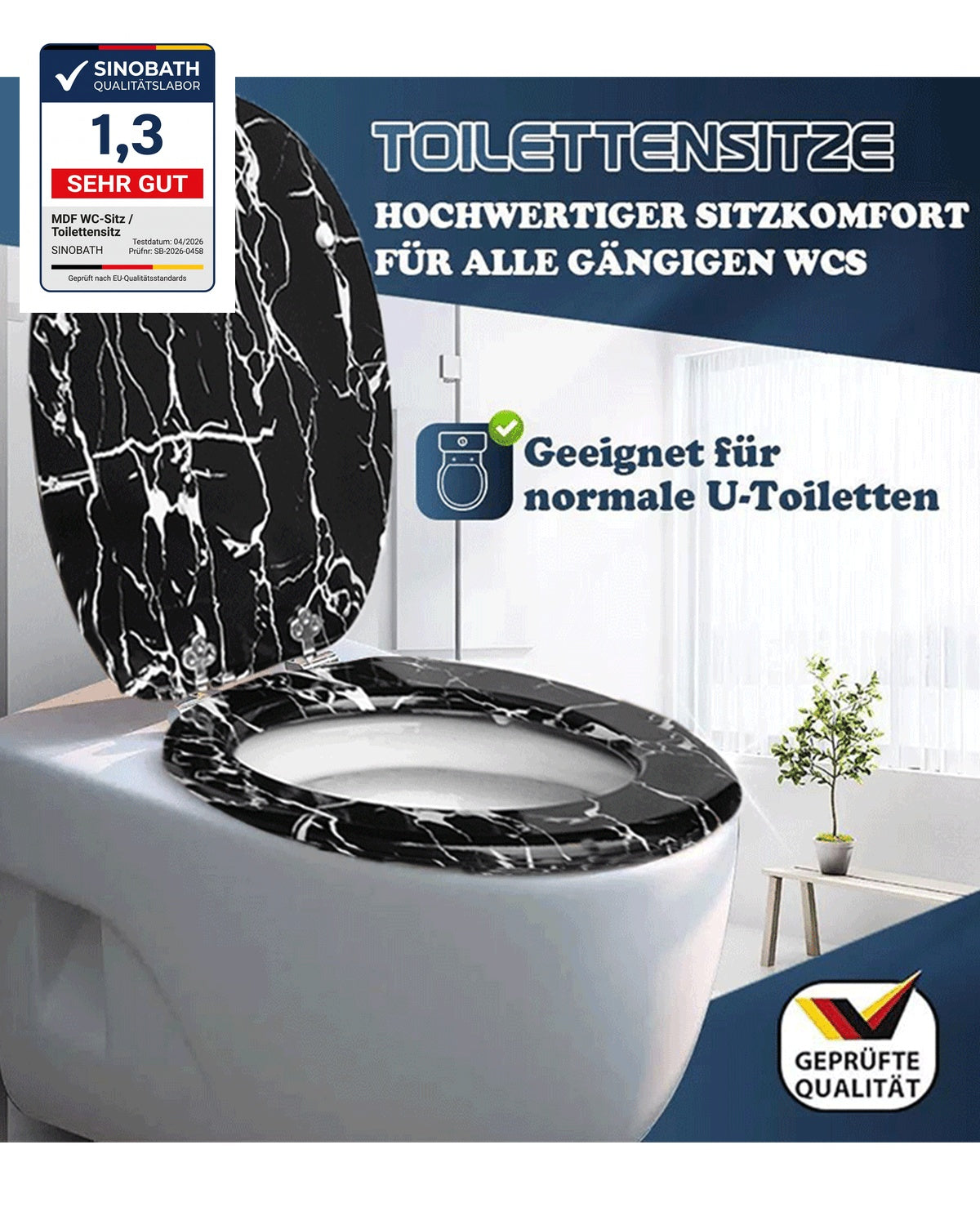 SINOBATH (S05)MDF-Holzkern, WC-Sitz Toilettensitz mit Absenkautomatik, Softclose-Scharnier（Seestern）